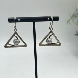 Sterling Silver Triangle 6-7mm Cultured Pearls Modern Geometric Drop Earrings